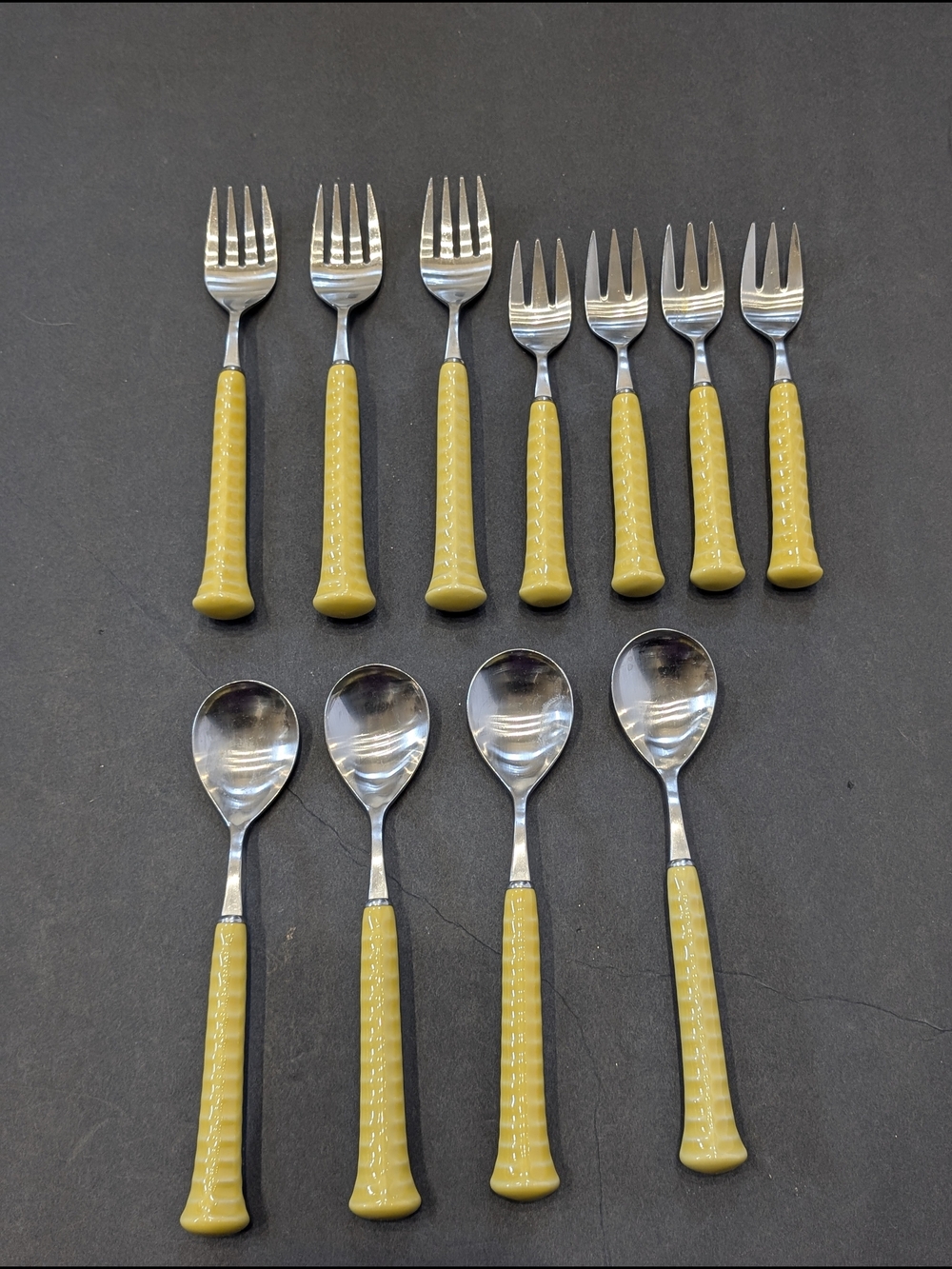 VTG 11 piece Japan Noritake Radiant stainless Primastone yellow ceramic flatware